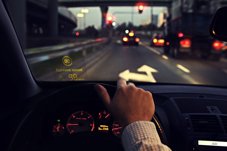 Inglass displays for improved automotive safety